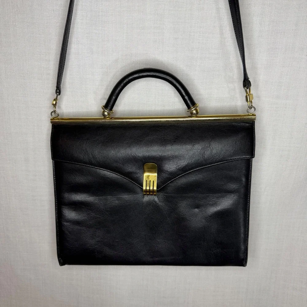 Vintage Black Leather Frame Handbag Gold Hardware Top Handle Shoulder Bag